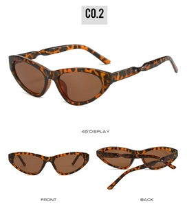 Detailed views of leopard print cat eye sunglasses with twisted temple design and brown lenses