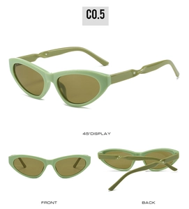 Three angles of mint green cat eye sunglasses with spiral twisted temples and UV400 lenses
