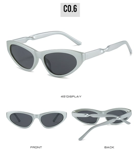 Three-view display of punk Y2K cat-eye cycling sunglasses with twisted silver frames
