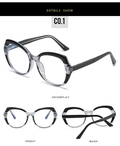 Detailansicht der TR90 Cat-Eye-Brille mit schwarz-transparentem grauem Farbmix-Design