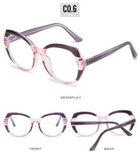 Drei Ansichten der übergroßen Cat-Eye TR90 Brillenrahmen in lila und rosa Farbverlauf