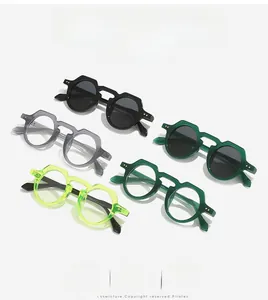 Multi-color geometric thick frame sunglasses display in various retro acetate finishes