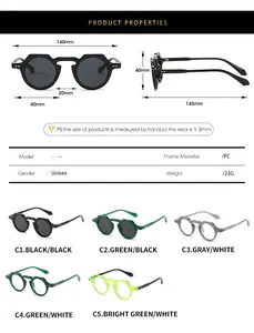 Detailed size chart and multi-color specifications for round retro sunglasses