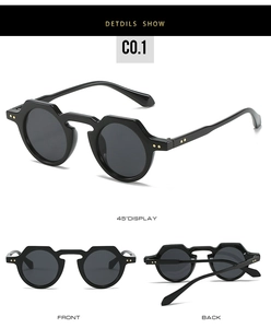 Detailed views of round retro sunglasses showing front, back, and 45-degree angles