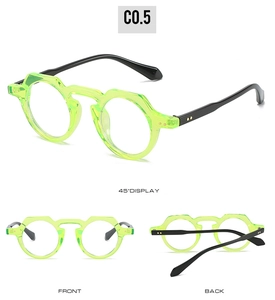 Three views of retro neon green round sunglasses with classic black temples and metal accents