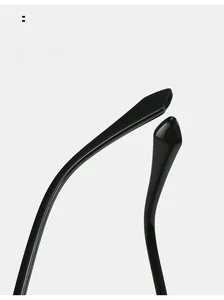 Detail view of glossy black curved temple tips for comfortable ergonomic fit sunglasses
