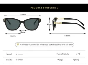 Detailed size chart for cat eye sunglasses with frame dimensions and PC material specifications