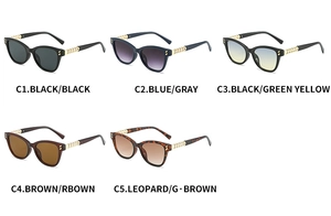 Cat eye sunglasses assortment with gold chain temples in five trendy colors and finishes