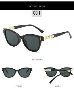 Detailed views of cat-eye sunglasses featuring golden chain temples and black frames