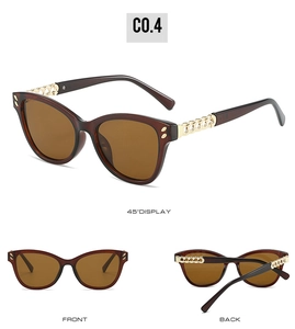 Cat eye sunglasses with tortoiseshell frame and gold chain temples shown in multi-angle views