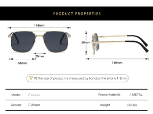 Tableau des dimensions détaillées des lunettes de soleil aviateur en métal avec mesures