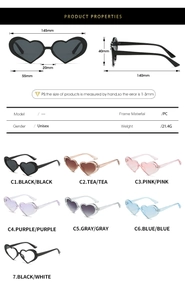 Detailed size chart and multi-color options for heart-shaped PC frame sunglasses
