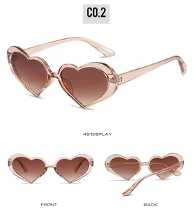 Detailed views of translucent pink heart-shaped sunglasses with front and back angles