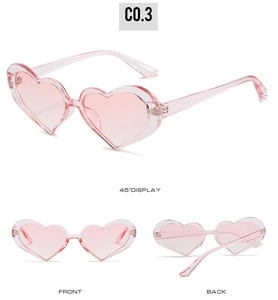 Detailed multi-angle view of pink heart-shaped sunglasses including front and back display
