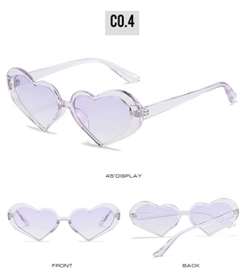 Detailed views of transparent purple heart-shaped sunglasses with front and back angles