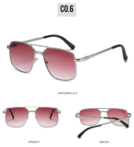 Vue triple des lunettes aviateur avec monture argentée et verres dégradés rouge rose