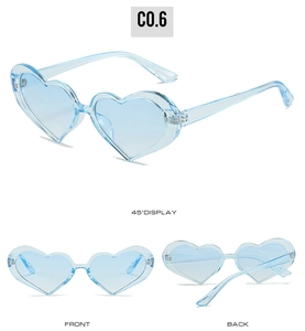 Detailed views of light blue heart-shaped sunglasses from front, side, and back angles