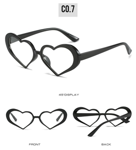 Detailed views of heart-shaped sunglasses with black frames from multiple angles