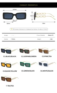 Size chart showing square sunglasses dimensions 147mm width and chain temple details