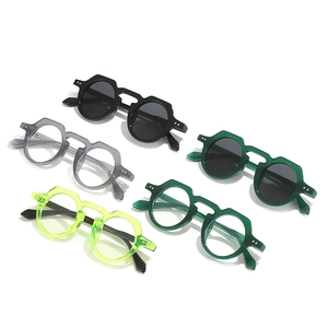 Collection of retro round sunglasses in various colors with thick frames and premium lenses