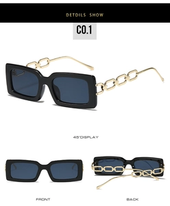 Detailed views of black rectangle sunglasses with bold gold chain temples at multiple angles
