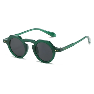 Retro round sunglasses with dark green polygon frames and black lenses for men and women