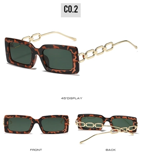 Detailed views of tortoise square sunglasses with decorative gold chain temples