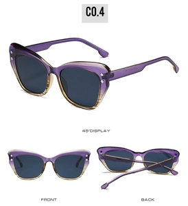 Dettagli degli occhiali da sole cat-eye con sfumatura viola e rivetti in argento