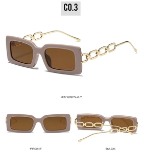 Three-angle views of square sunglasses featuring bold pink frames and gold chain temples