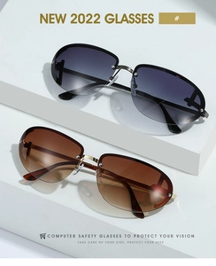 Detail of rimless oval gradient sunglasses with blue light protection and metal frame