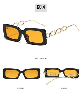 Three-way view of square sunglasses with black frame and gold chain metal temples