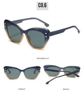 Viste dettagliate degli occhiali da sole cat eye con design frontale e posteriore a 45°