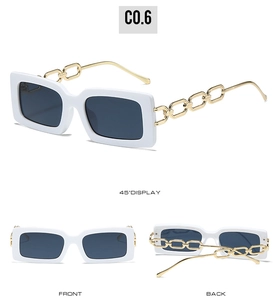 Detail views of white rectangle sunglasses featuring chic gold metal chain temples