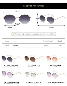 Detailed size chart and technical specifications for oval metal frame sunglasses