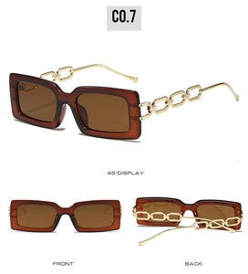 Detailed views of brown rectangular sunglasses featuring golden metal chain design temples