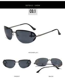 Multi-angle view of gunmetal sports sunglasses with dark grey lenses and rivet detail