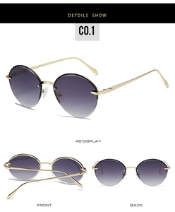Detailed views of gold metal sunglasses with gradient oval lenses and adjustable nose pads