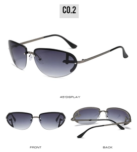 Detailed views of rimless sports sunglasses featuring purple gradient lenses and metal arms