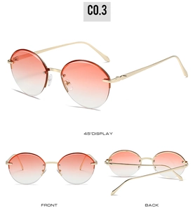Detailed views of gold metal round sunglasses with pink orange gradient lenses
