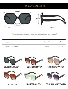 Size chart and color display for geometric oversized hexagonal frame sunglasses