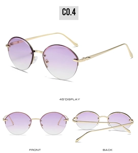 Three views of rimless oval sunglasses with purple gradient lenses and gold metal temples