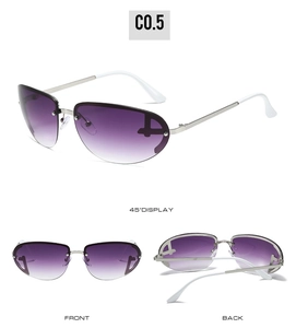 Detail view of purple gradient rimless sport sunglasses with unique cutout lettering design