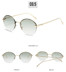 Three-angle view of gold metal oval sunglasses with light green gradient lenses