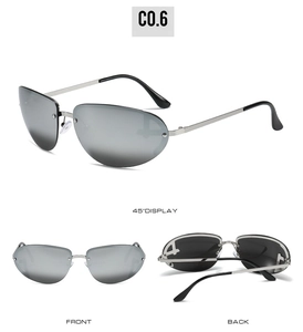 Three-angle views of silver mirrored sports sunglasses with rimless frames and black tips