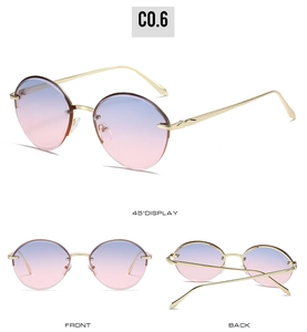 Detailed multi-angle view of rimless oval sunglasses with blue-pink gradient lenses
