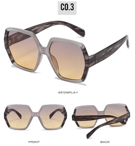 Three perspectives of oversized hexagonal sunglasses with marble texture and gradient lenses