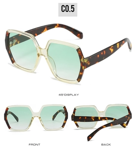 Oversized geometric sunglasses with yellow frames and tortoise temples shown in multiple views