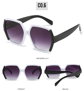 Detailed views of geometric oversized sunglasses with black-and-white frame and gradient lenses