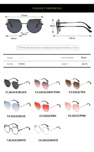 Detailed size chart for irregular metal sunglasses showing 137mm frame width and colors