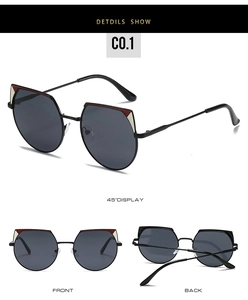 Detailed views of irregular metal cat-eye sunglasses with tri-color geometric splicing